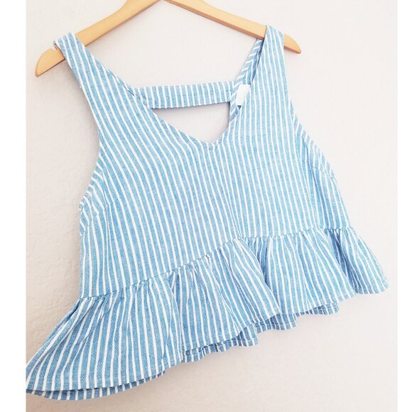 Abound Linen Blend Crop Top S Blue White Striped Peplum Crop Ruffle Sleeveless - Picture 8 of 14